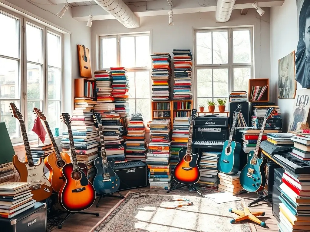A creative workspace showcasing various copyrighted materials such as books, music scores, and artwork, symbolizing the protection offered by copyright registration.