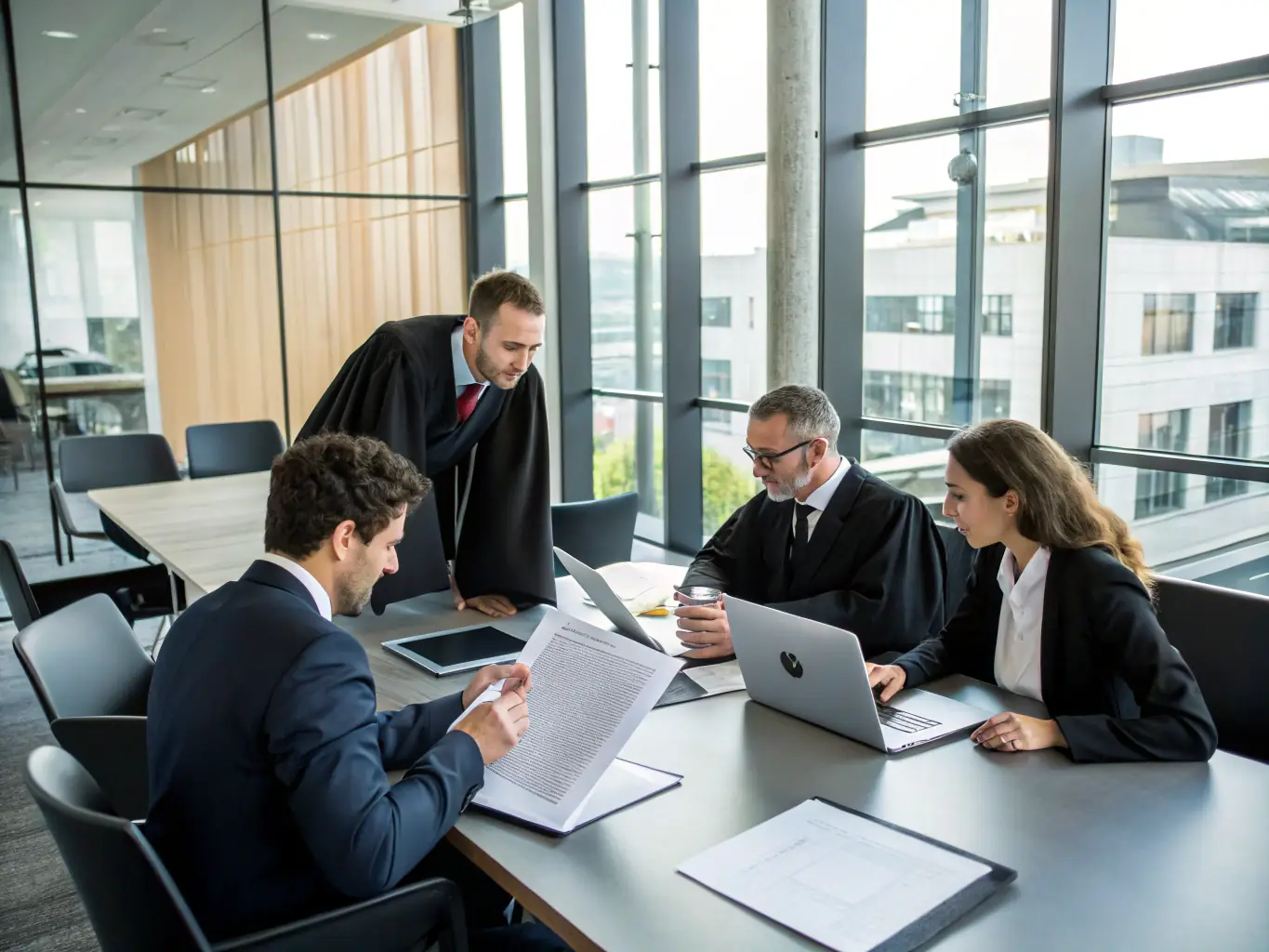 A conference room setting with attorneys engaged in a business dispute resolution meeting, emphasizing negotiation and strategic problem-solving.